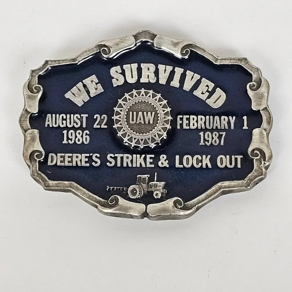 1986 1987 John Deere UAW United Auto Workers Strike Lock Out Belt‎ Buckle Pewter